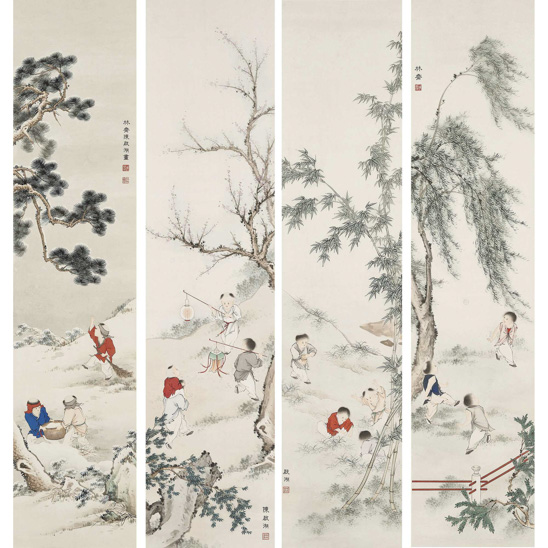  陳啓湖（1912-1999） 嬰戲圖四條屏 
