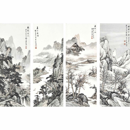  梁伯譽 四季山水四屏條 