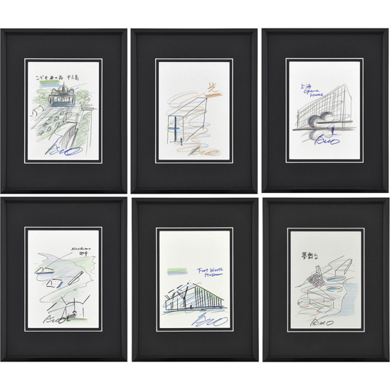  安藤忠雄（B.1941)建築設計手稿六枚 